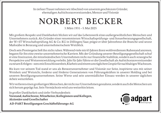 Traueranzeige von Norbert Becker von Frankfurter Allgemeine Zeitung
