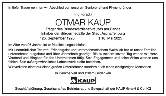 Traueranzeige von Otmar Kaup von Frankfurter Allgemeine Zeitung