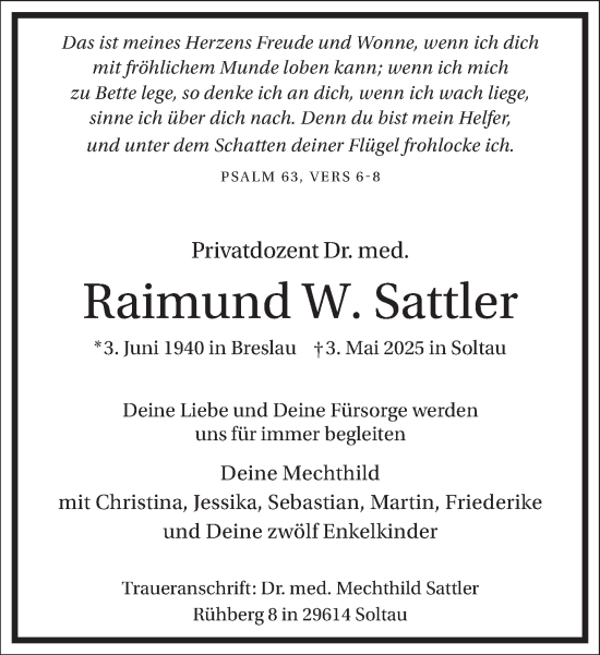 Traueranzeige von Raimund W. Sattler von Frankfurter Allgemeine Zeitung