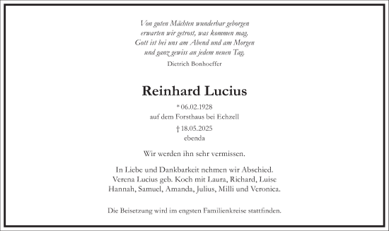Traueranzeige von Reinhard Lucius von Frankfurter Allgemeine Zeitung