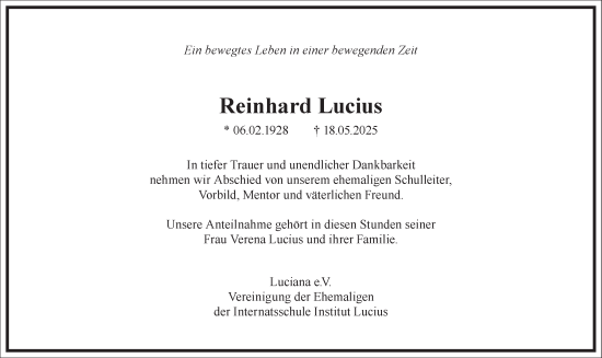 Traueranzeige von Reinhard Lucius von Frankfurter Allgemeine Zeitung
