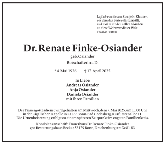 Traueranzeige von Renate Finke-Osiander von Frankfurter Allgemeine Zeitung