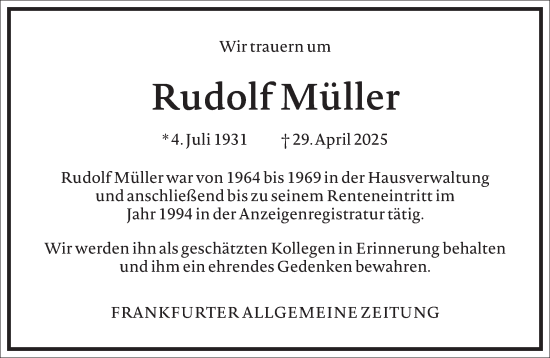 Traueranzeige von Rudolf Müller von Frankfurter Allgemeine Zeitung