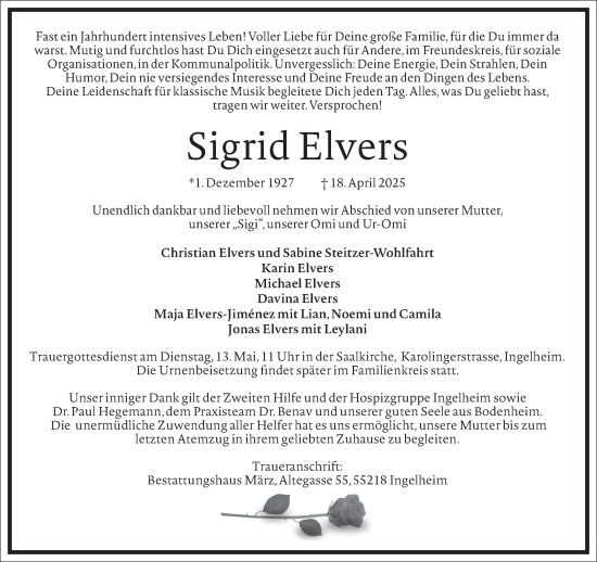Traueranzeige von Sigrid Elvers von Frankfurter Allgemeine Zeitung
