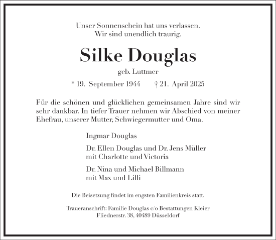 Traueranzeige von Silke Douglas von Frankfurter Allgemeine Zeitung