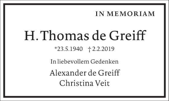 Traueranzeige von Thomas de Greiff von Frankfurter Allgemeine Zeitung