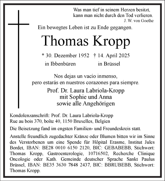 Traueranzeige von Thomas Kropp von Frankfurter Allgemeine Zeitung