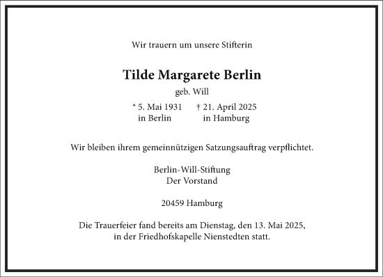 Traueranzeige von Tilde Margarete Berlin von Frankfurter Allgemeine Zeitung