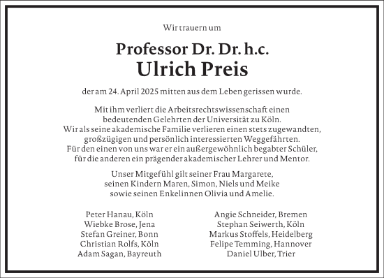 Traueranzeige von Ulrich Preis von Frankfurter Allgemeine Zeitung