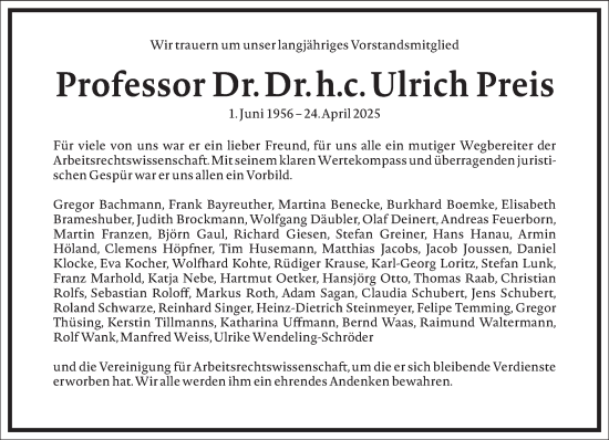 Traueranzeige von Ulrich Preis von Frankfurter Allgemeine Zeitung