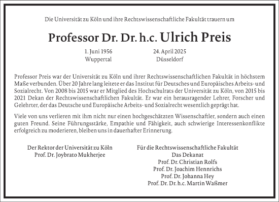 Traueranzeige von Ulrich Preis von Frankfurter Allgemeine Zeitung