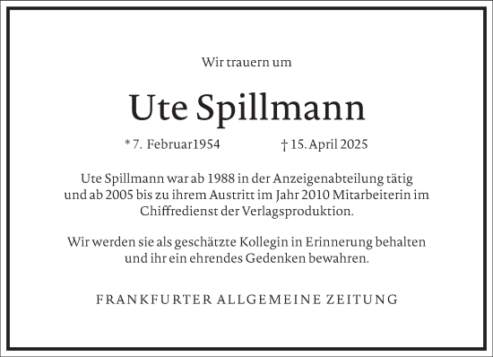 Traueranzeige von Ute Spillmann von Frankfurter Allgemeine Zeitung