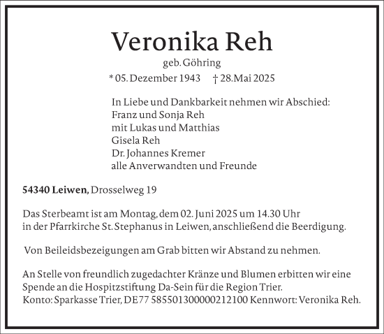 Traueranzeige von Veronika Reh von Frankfurter Allgemeine Zeitung
