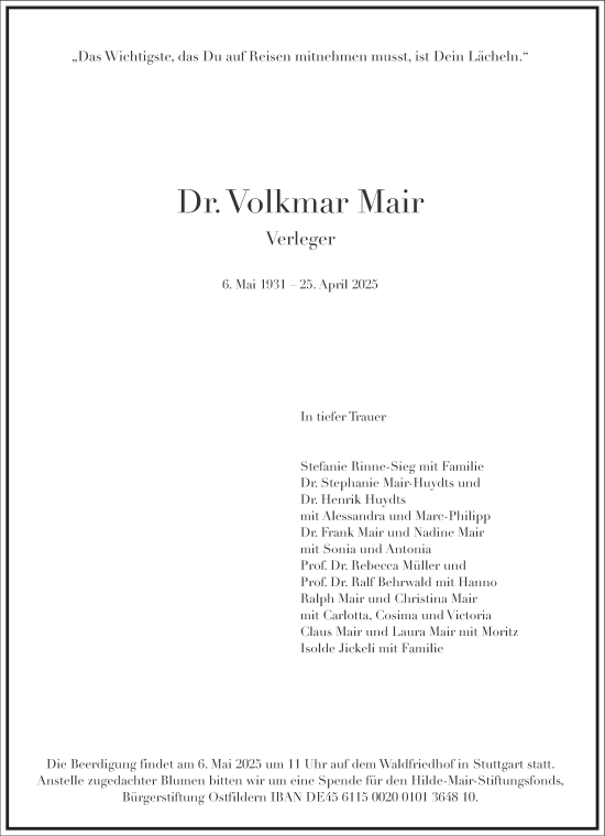 Traueranzeige von Volkmar Mair von Frankfurter Allgemeine Zeitung