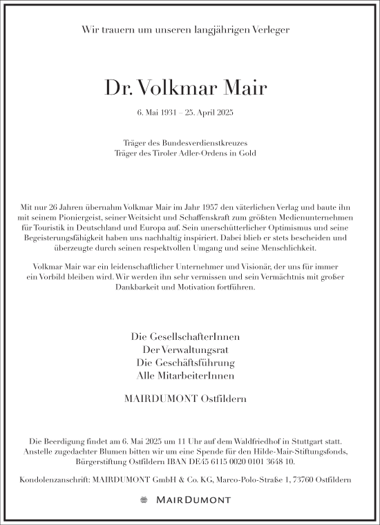 Traueranzeige von Volkmar Mair von Frankfurter Allgemeine Zeitung