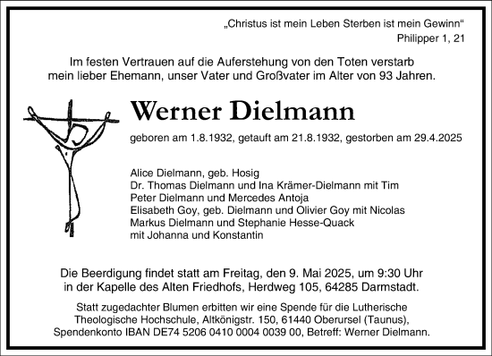 Traueranzeige von Werner Dielmann von Frankfurter Allgemeine Zeitung