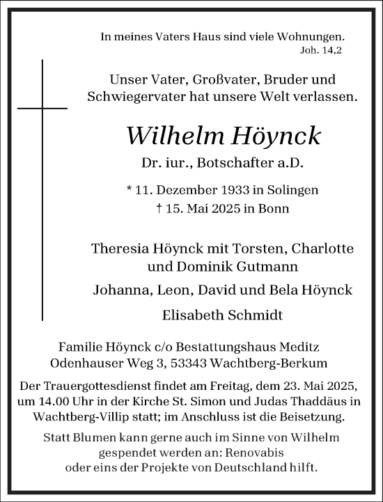 Traueranzeige von Wilhelm Höynck von Frankfurter Allgemeine Zeitung