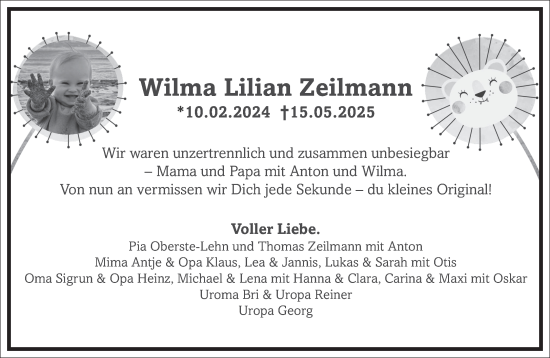 Traueranzeige von Wilma Lilian Zeilmann von Frankfurter Allgemeine Zeitung