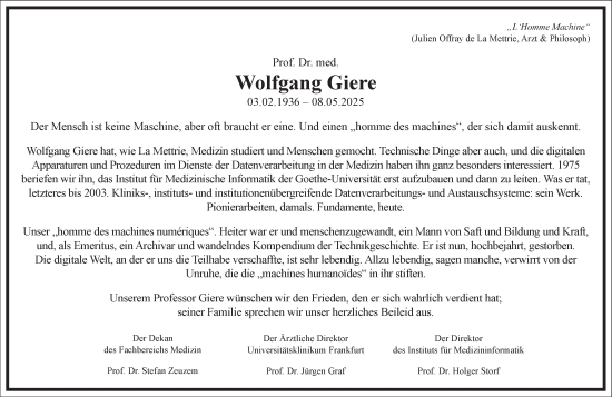 Traueranzeige von Wolfgang Giere von Frankfurter Allgemeine Zeitung
