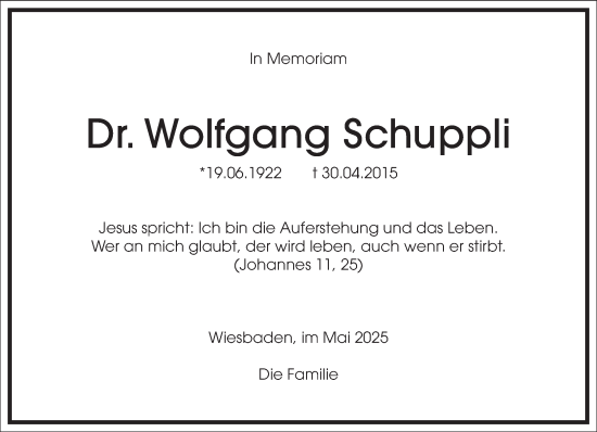Traueranzeige von Wolfgang Schuppli von Frankfurter Allgemeine Zeitung