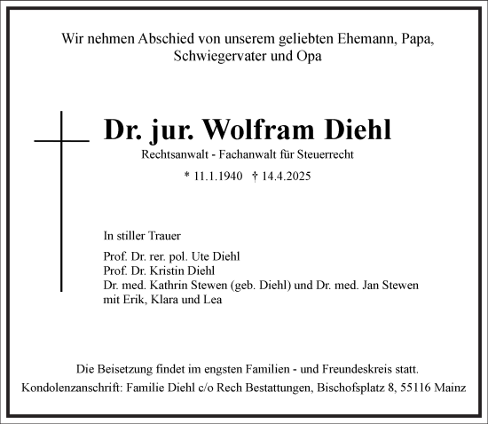 Traueranzeige von Wolfram Diehl von Frankfurter Allgemeine Zeitung