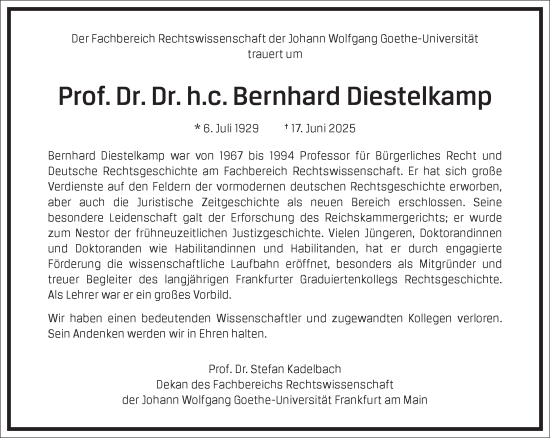 Traueranzeige von Bernhard Diestelkamp von Frankfurter Allgemeine Zeitung