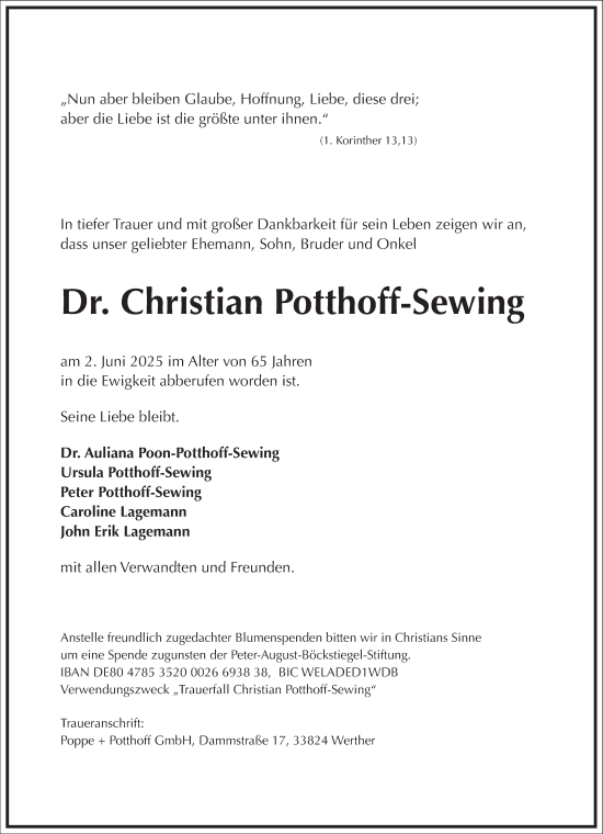 Traueranzeige von Christian Potthoff-Sewing von Frankfurter Allgemeine Zeitung