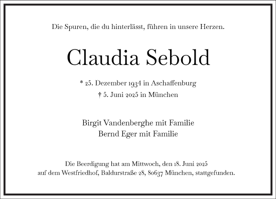 Traueranzeige von Claudia Sebold von Frankfurter Allgemeine Zeitung