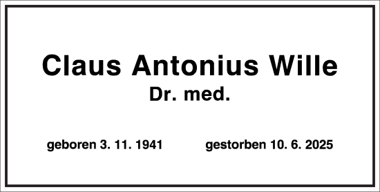 Traueranzeige von Claus Antonius Wille von Frankfurter Allgemeine Zeitung