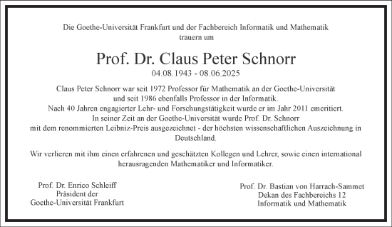Traueranzeige von Claus Peter Schnorr von Frankfurter Allgemeine Zeitung