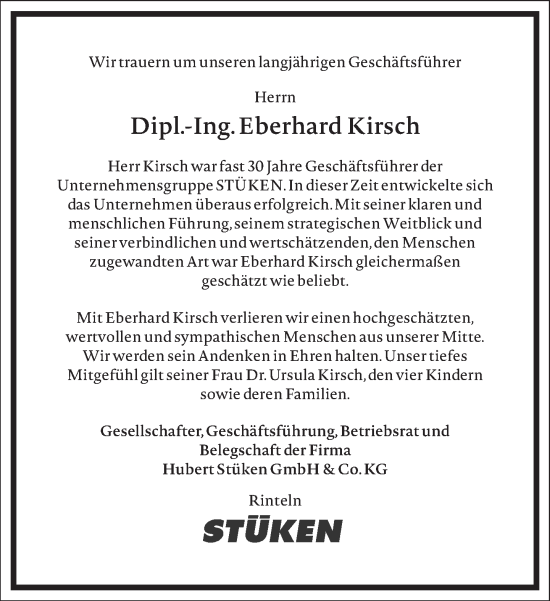 Traueranzeige von Eberhard Kirsch von Frankfurter Allgemeine Zeitung