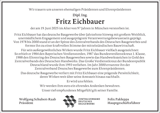 Traueranzeige von Fritz Eichbauer von Frankfurter Allgemeine Zeitung