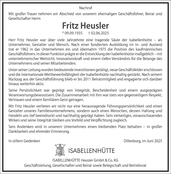 Traueranzeige von Fritz Heusler von Frankfurter Allgemeine Zeitung
