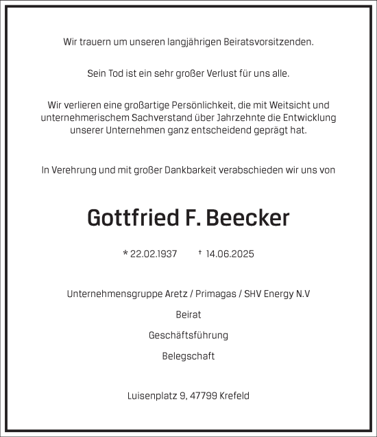 Traueranzeige von Gottfried Beecker von Frankfurter Allgemeine Zeitung