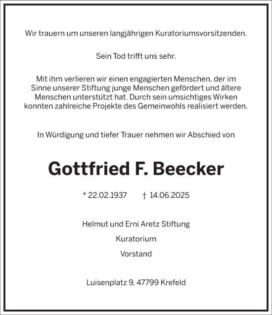 Traueranzeige von Gottfried Beecker von Frankfurter Allgemeine Zeitung