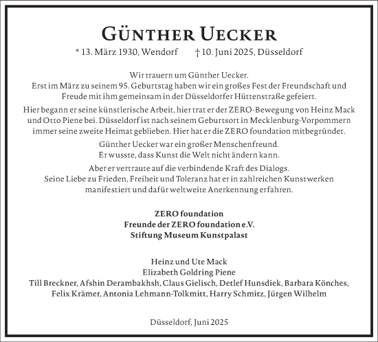 Traueranzeige von Günther Uecker von Frankfurter Allgemeine Zeitung
