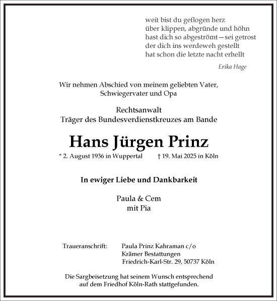 Traueranzeige von Hans Jürgen Prinz von Frankfurter Allgemeine Zeitung