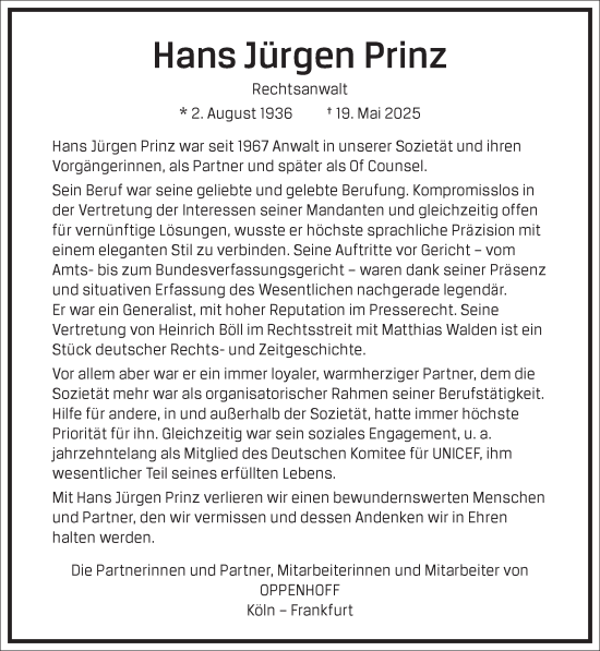 Traueranzeige von Hans Jürgen Prinz von Frankfurter Allgemeine Zeitung