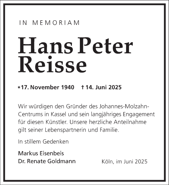 Traueranzeige von Hans Peter Reisse von Frankfurter Allgemeine Zeitung
