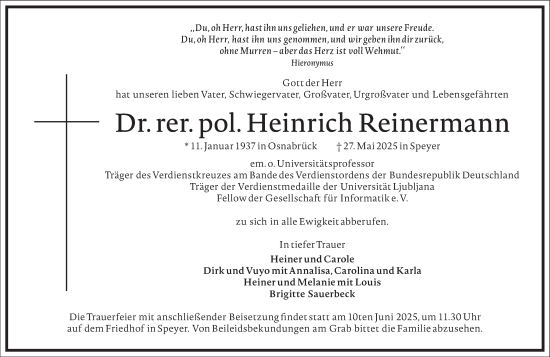 Traueranzeige von Heinrich Reinermann von Frankfurter Allgemeine Zeitung