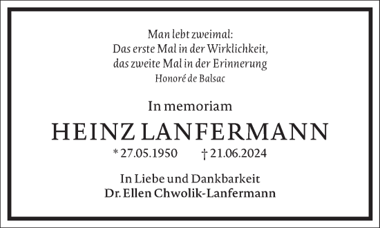 Traueranzeige von Heinz Lanfermann von Frankfurter Allgemeine Zeitung