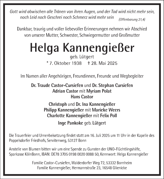 Traueranzeige von Helga Kannengießer von Frankfurter Allgemeine Zeitung