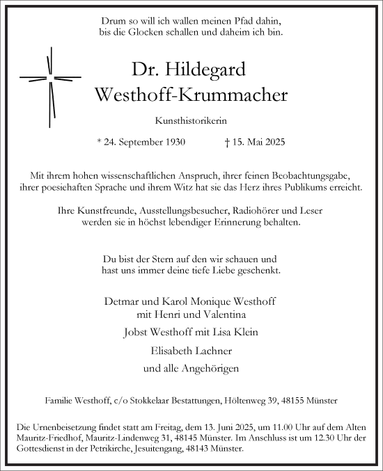 Traueranzeige von Hildegard Westhoff-Krummacher von Frankfurter Allgemeine Zeitung