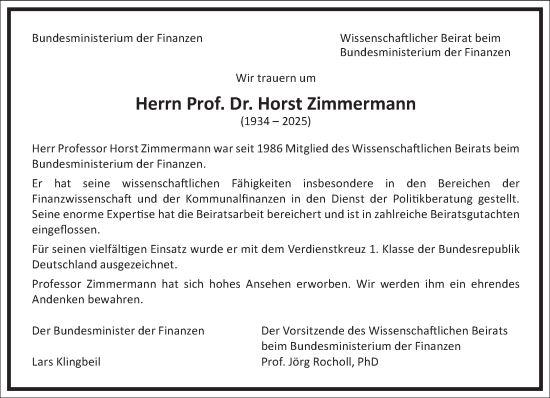 Traueranzeige von Horst Zimmermann von Frankfurter Allgemeine Zeitung