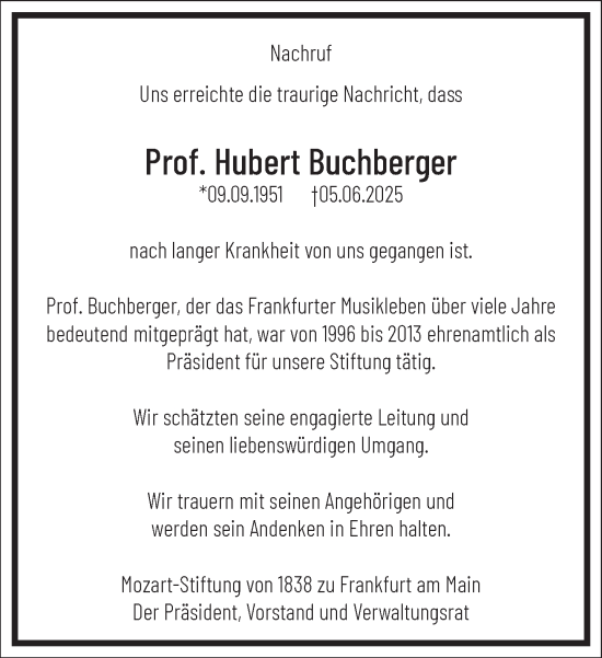 Traueranzeige von Hubert Buchberger von Frankfurter Allgemeine Zeitung