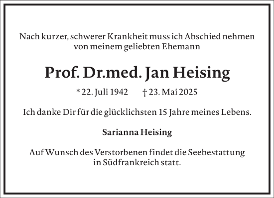 Traueranzeige von Jan Heising von Frankfurter Allgemeine Zeitung