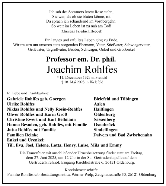 Traueranzeige von Joachim Rohlfes von Frankfurter Allgemeine Zeitung