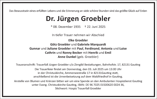 Traueranzeige von Jürgen Groebler von Frankfurter Allgemeine Zeitung