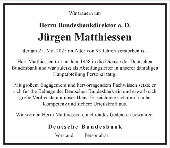 Traueranzeige von Jürgen Matthiessen von Frankfurter Allgemeine Zeitung