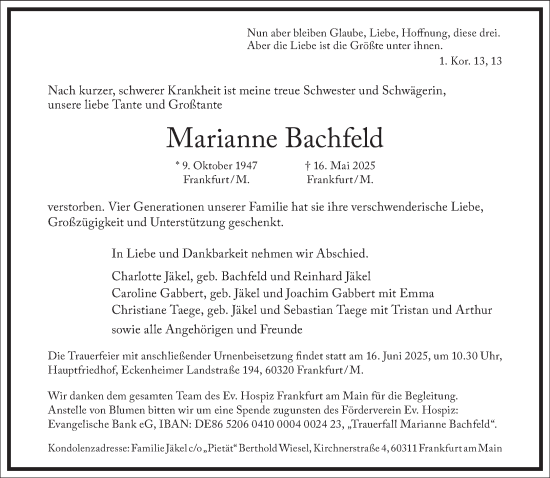 Traueranzeige von Marianne Bachfeld von Frankfurter Allgemeine Zeitung